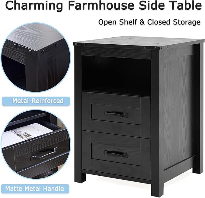 Black Rustic Night Stand Set of 2, Farmhouse End Table, Modern Bedside Table with 2 Storage Drawers and Open Shelf, Tall Nightstand for Bedroom