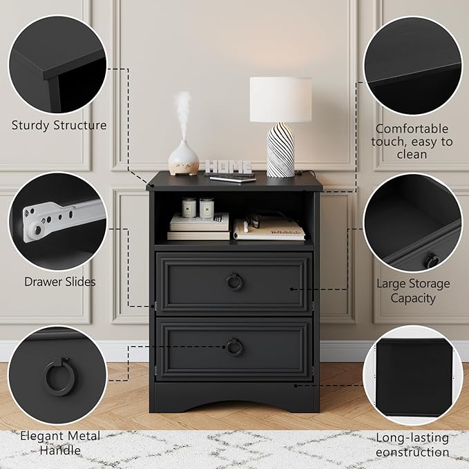 Set of 2 Large Night Stand with Drawers, 17.7" W Nightstand with 2 Drawers, Accent Bed Side Table and End Table with Large Open Storage for Bedroom, Living Room,Black