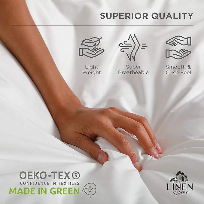 Linen Home 100% Cotton Percale Sheets Queen Size, White, Deep Pocket, 4 Pieces Set - 1 Flat, 1 Deep Pocket Fitted Sheet and 2 Pillowcases, Crisp Cool and Strong Bed Linen