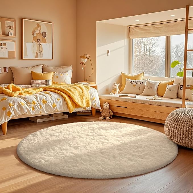 Ophanie Round Rug 4Ft Ivory Circle Area Rugs, Fluffy Fuzzy Small Bedroom Carpet 4 foot, Plush Shag Floor Cream Living Room Christmas Circular Aesthetic Decor for Kids Teen Boys Baby, Nursery,Classroom