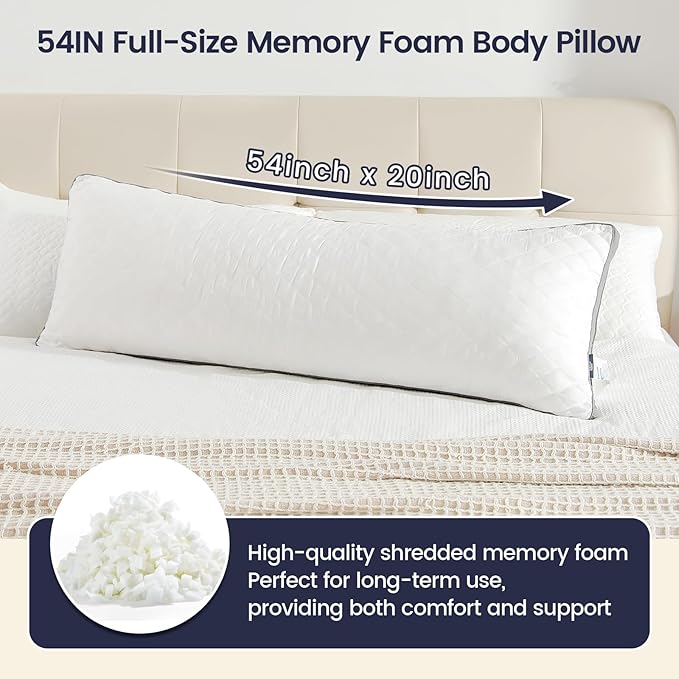 Shredded Memory Foam Full Body Pillow, Long Hugging Bed Pillows for Adults, Breathable Extra-Firm Large Pillow for Side Sleep, Big Support Body Pillow for Sleeping (20 x 54 Inches)