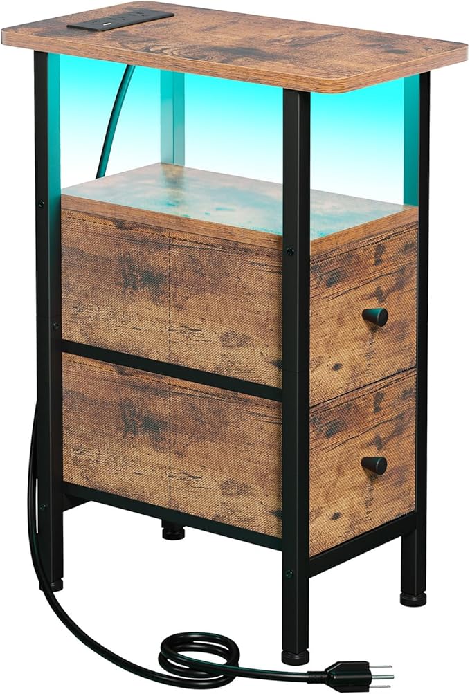 LOAKEKEL Narrow End Table Living Room with Charging Station, Skinny Side Table with Fabric Drawers, Slim LED Nightstand for Bedroom, Small Spaces, Couch, Rustic Brown, HETNDP02LPBR-1