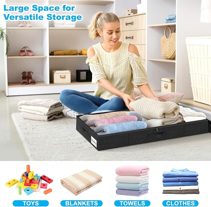 Under Bed Storage Container Bin 4 Pack, 4.5 Inch Slim Low Profile Underbed Clothes Storage Organizer for Dorm & Home, Use for Blanket and Toy Storage Box W/ Sturdy Bottom/Sides, Foldable Thick Fabric