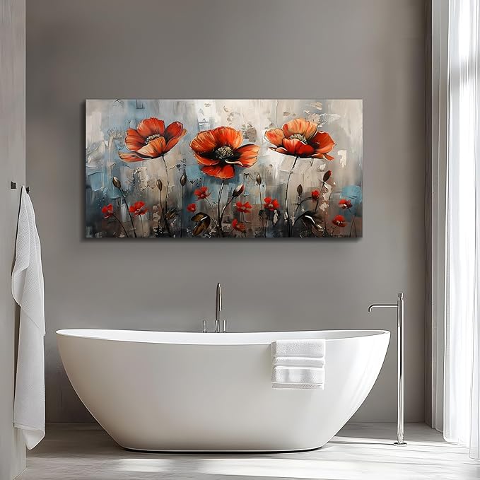 SERIMINO Large Wall Art for Living Room, Nature Floral Botanical Wall Decor, Red Flowers Canvas Prints Pictures, Wildflower Modern Home Decor Bathroom Dining Room Kitchen Paintings 24"X48"