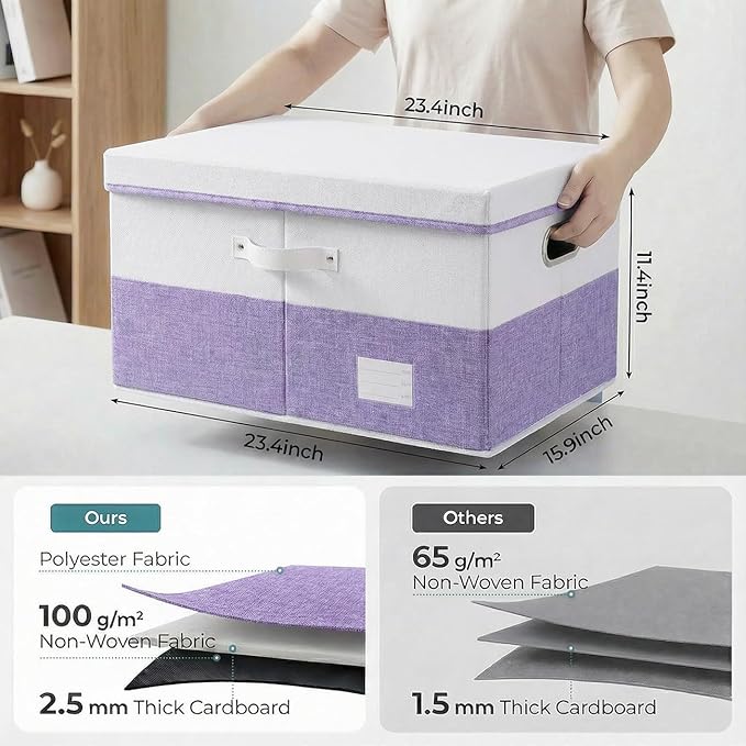 PRANDOM Collapsible Storage Bins with Lids [3-Pack] Linen Fabric Foldable Storage Boxes Organizer Containers Baskets Cubes with Cover for Bedroom Closet Nursery Purple&White (23.4X15.9X11.4)