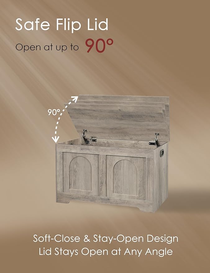 DINZI LVJ Storage Chest, 31.5”Wooden Toy Box with 2 Safety Hinges, Entryway Storage Bench with Flip-Top, Sturdy Storage Trunk for Living Room, Bedroom, Easy Assembly, Gray Wash