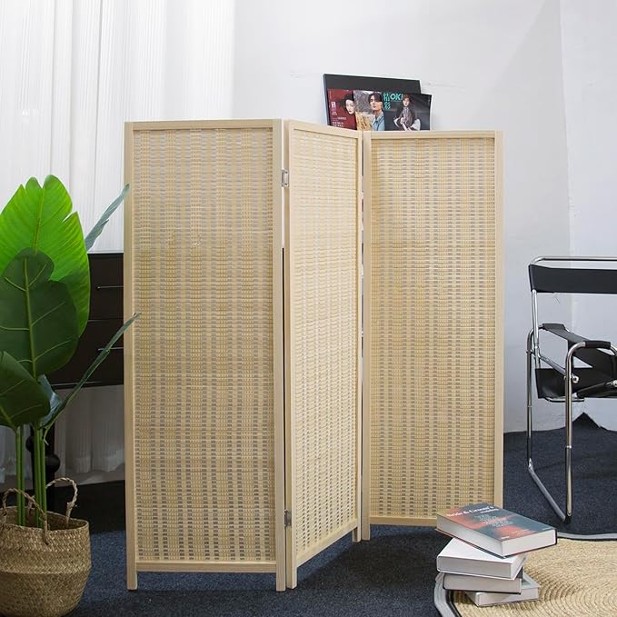 3 Panel Short Room Divider Screen,Beige Freestanding Partition,Small Bamboo Panel Divider for Room Seperation,3.95 FT Tall
