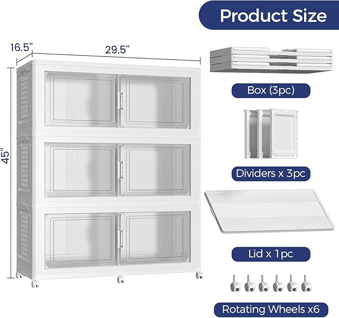 120GAL Extra Large Storage Bins with Lid, 480Qt Stackable Closet Organizers and Drawers, Collapsible Storage Bins with Wheels, Folding Containers for Home, Kitchen Office, 3Pack White