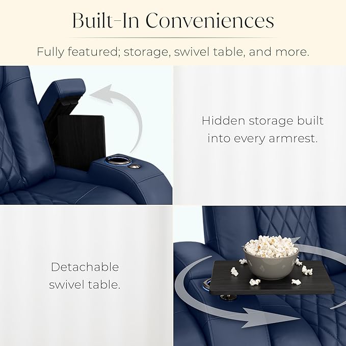 Seatcraft Diamante Zero-Gravity CoolZero Italian Leather Home Theater Seating, Power Headrest, Power Recline, Single Recliner, Navy Blue