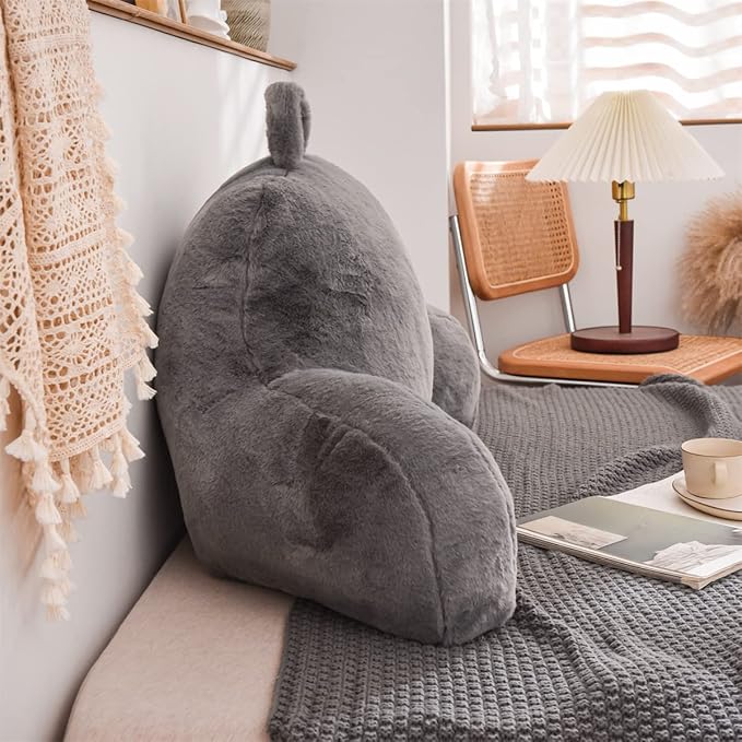 Holawakaka Standard Faux Fur Bed Rest Pillow with Arms, Artificial Rabbit Fur Reading Pillows Perfect for Adults, Teens, Kids, Pregnancy Lumbar & Head Neck Coccyx Lower Back Support Cushion (Grey)