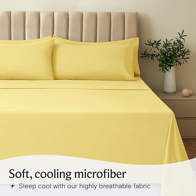 LuxClub 4 PC Sheet Set Bed Sheets Deep Pockets 16" Eco Friendly Wrinkle Free Cooling Machine Washable Hotel Bedding Silky Soft - Lemon King