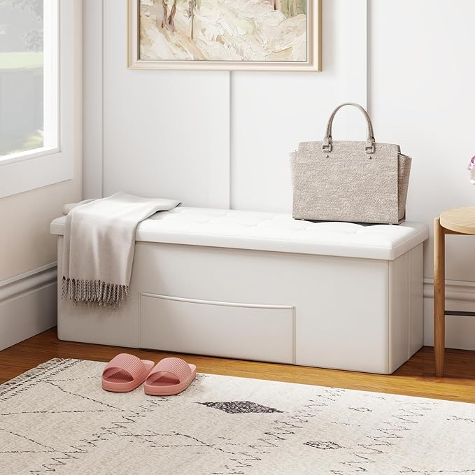 Giantex 43 Inches Folding Storage Ottoman Bench, Upholstered PU Leather Storage Chest with Side Pocket, Padded Seat, End of Bed Bench, Collapsible Ottoman Foot Rest for Living Room, Bedroom & Entryway