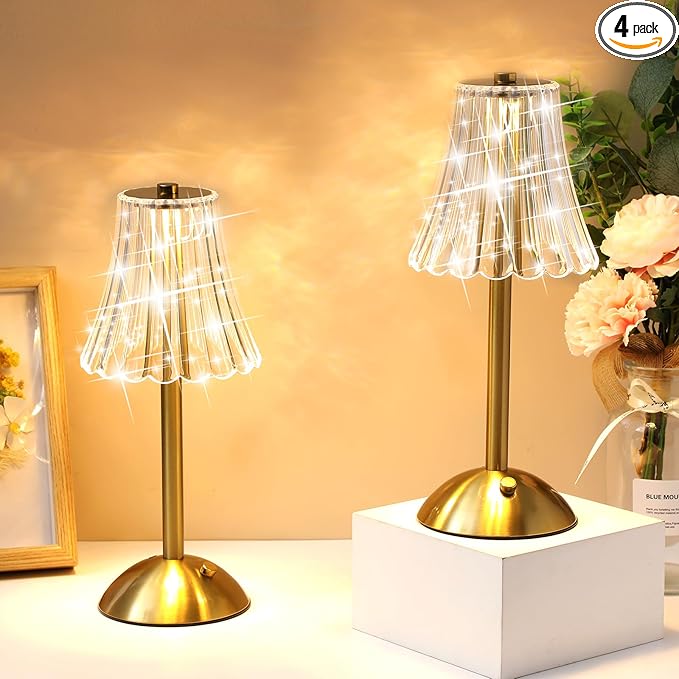 Liliful 4 Pcs Cordless Table Lamp Rechargeable Touch LED Small Gold Portable Battery Operated USB-c Desk Lamp 3 Color Dimmable for Bedroom Living Room Dining (Gold,Rose Style)
