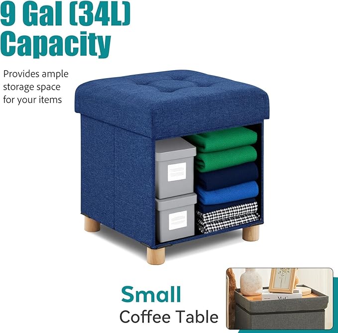 BRIAN & DANY Ottoman with Storage, Small Storage Ottoman for Dorm, Linen Folding Ottoman Foot Stool with Legs for Living Room and Bedroom, 14.8"x14.8"x16.1" - Blue