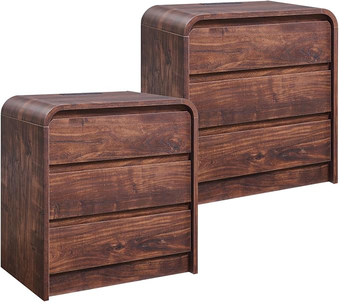 25" Tall Modern Nightstand Set of 2, 23.6" Wide Wood Bedside Table with Charging Station, 3 Storage Drawers Side Table w/Curved Profile Design,End Table for Bedroom, Living Room, Brown