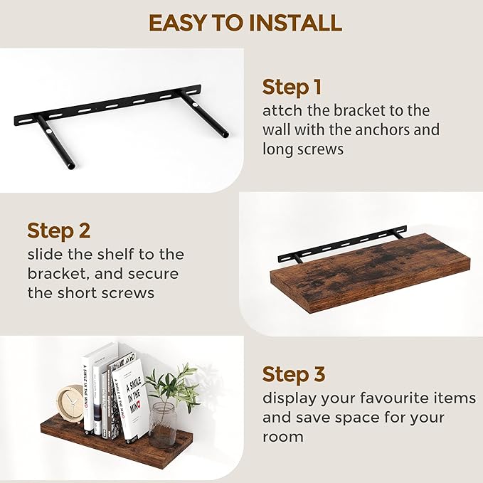 Floating Shelves 16 Inch Long, Wall-Mounted Bathroom Shelves Set of 2, 9.3 Inch Deep Shelf for Home Storage & Display, Wooden Deep Wall Shelves for Bedroom, Living Room, Kitchen, Rustic Brown
