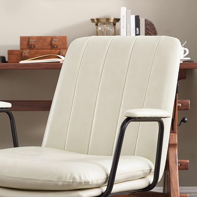 Art Leon Desk Chair No Wheels, Set of 2, Mid Century Modern Swivel Chair with Oak Wood Legs, Faux Leather Home Office Desk Chairs for Bedroom Living Room, Off White