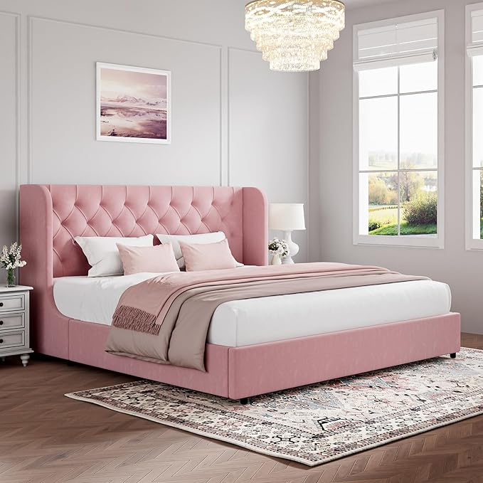 HOMBCK Pink King Size Bed Frame, Upholstered Platform Bed Frame with Velvet Tufted Headboard, Curved Wingback Design, Wooden Slats, No Box Spring, Noise Free, Easy Assembly