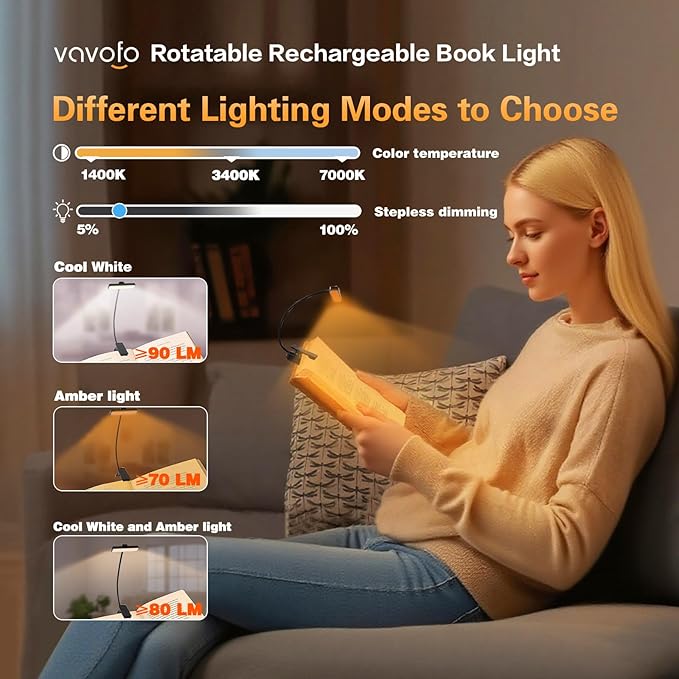 VAVOFO Rechargeable Book Light Rotatable：24 LEDs Reading Light, 3-Color & 9-Brightness Book Lamp, Eye Cared 120Hrs Runtime Lightweight Clip on Led Light for Book Lovers (Black)