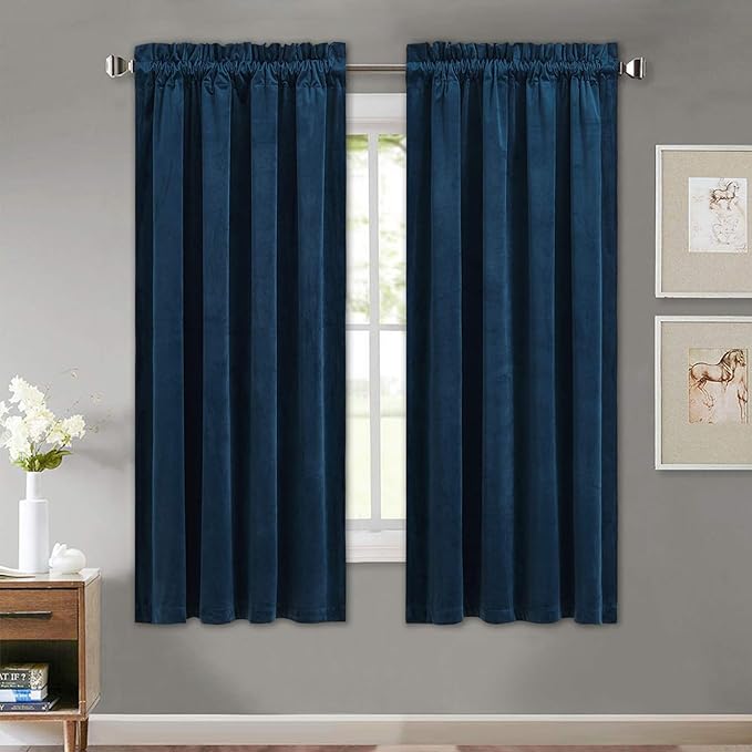 StangH Navy Blue Velvet Curtains - Elegant Thick Velvet Texture Blackout Window Drapes with Rod Pocket for Kitchen/Study Room, W52 x L63 inch Per Panel, Set of 2