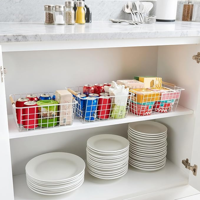 LeleCAT white wire baskets for organizing with Wooden Handles Storage Organizer Baskets, Household snack basket for Cabinets, Pantry, Closets, Bedrooms, pantry organizers and storage - Set of 2（White）