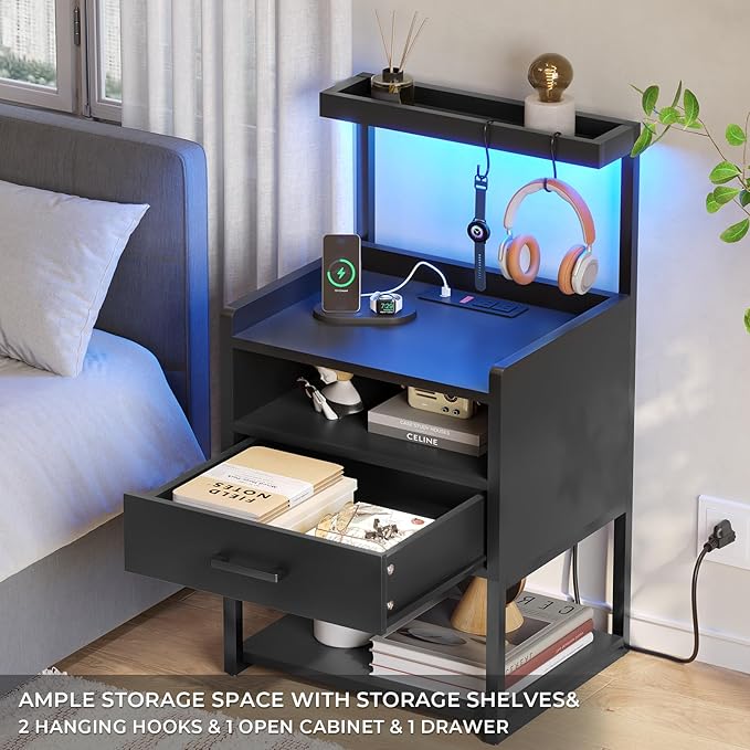 VIAGDO Night Stand Set 2 with Charging Station and LED Lights, Black Night Stand with Drawer, Modern End Side Table with Open Storage Shelves, Bedside Tables for Bedroom, Office