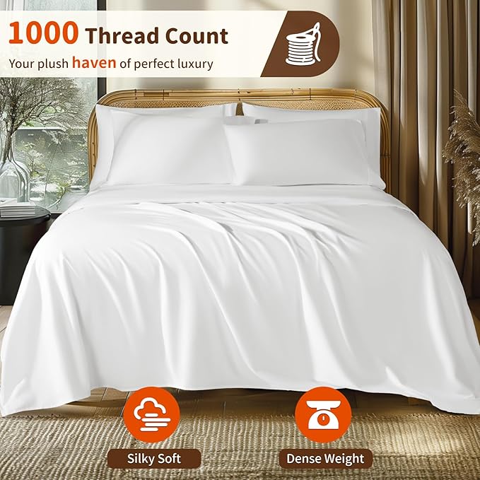 LBRO2M 1000 Thread Count 100% Egyptian Cotton Sheets Set 6 Piece Sets Full Size Bed Sheet Deep Pocket Sheet Set 16" Soft Comfortable All Season (Full, White)