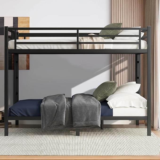 Queen Over Queen Bunk Bed Frame, Heavy Duty Metal Loft Bed for Adults/Teens, 400/600LB Capacity w/Ladder & Guardrail, Noise-Free Steel Slats, No Box Spring Required, Black