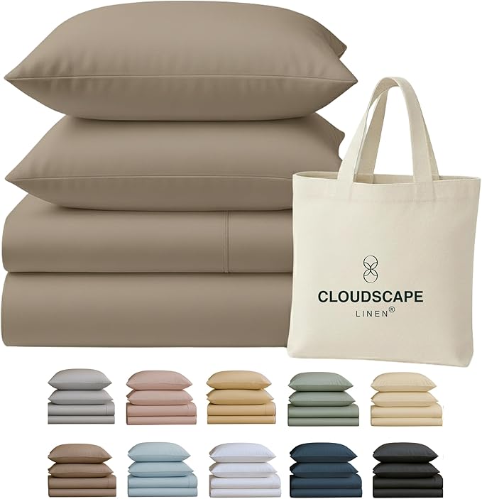 Cloud Scape Linen 100% Egyptian Cotton California King Sheet Set, 400 Thread Count,4 Pieces Luxury Bedding Set, Hotel Quality, Silky Soft, Breathable and Durable, Deep Pockets up to 17, Taupe