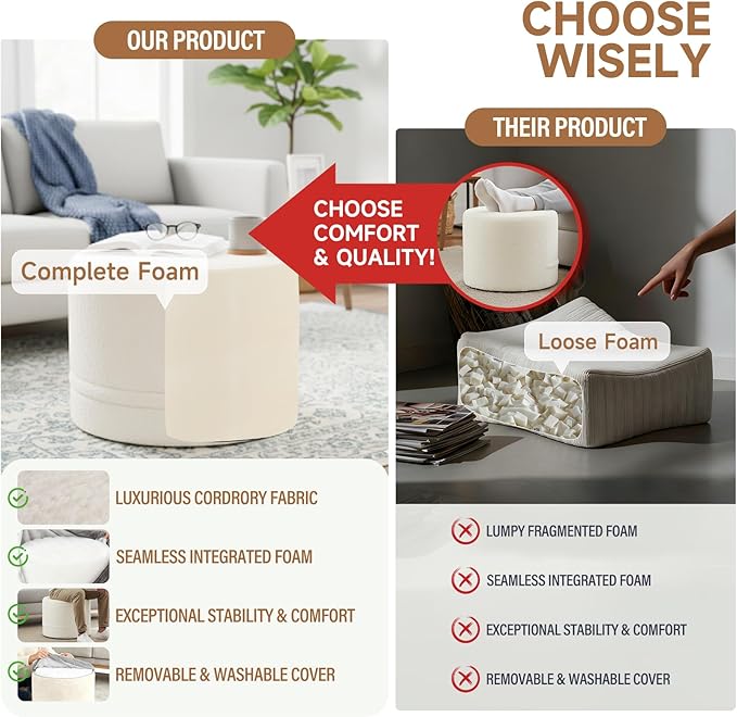 Tiita Round Stuffed Pouf Ottoman, Plush Poufs with Foam Chunk Filling, Foot Rest Stool for Living Room, Cream