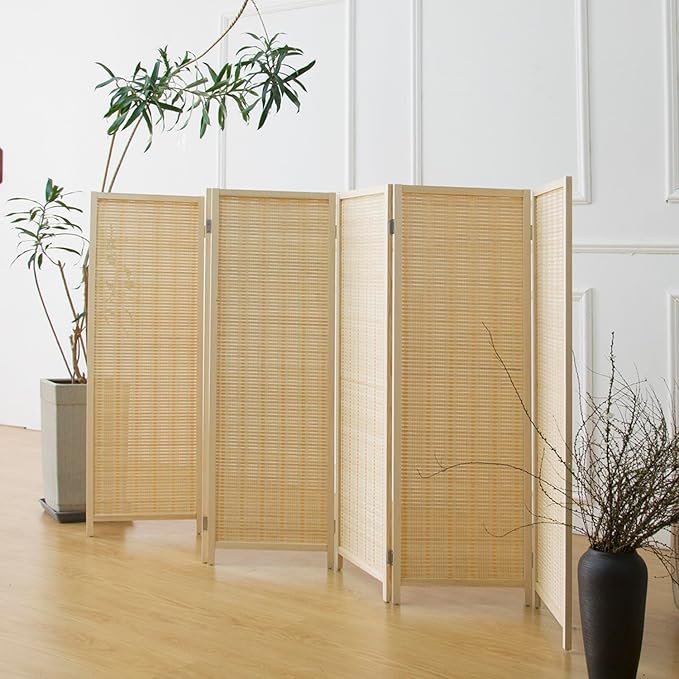 6 Panel Short Room Divider Screen,Beige Freestanding Partition,Small Bamboo Panel Divider for Room Seperation,3.95 FT Tall