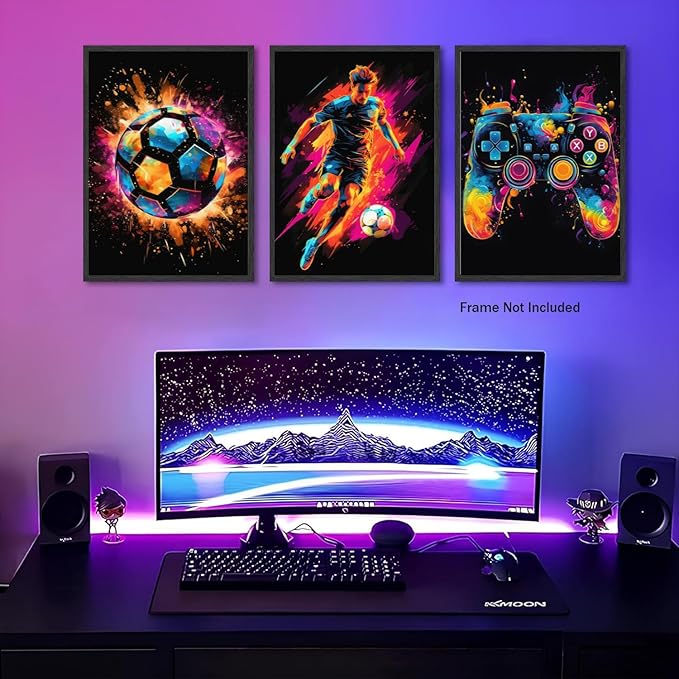 Canvas Wall Art Poster Decor, Paintings Art Game Controller Color Splash Ink Canvas Painting, Posters for Room Aesthetic, Soccer Wall Art for Boys Room Decor 12x16 - Unframed Set of 3