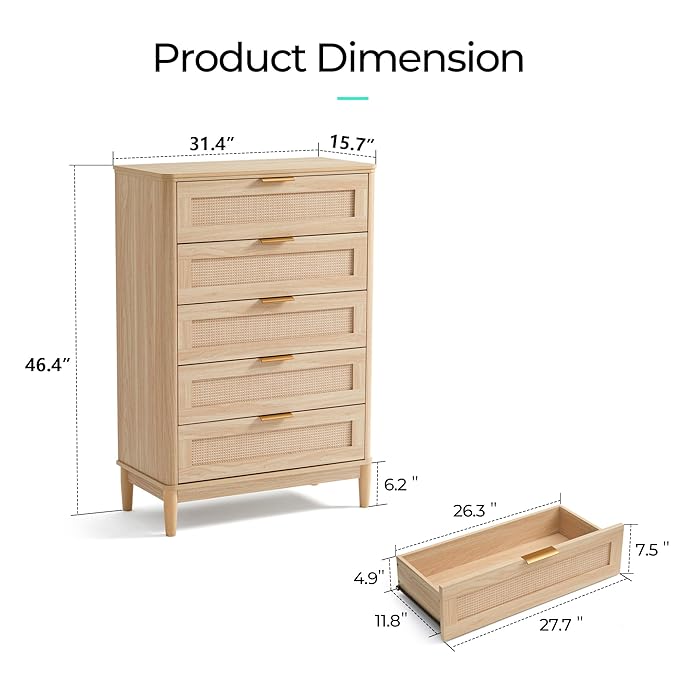LINSY HOME Rattan Dresser for Bedroom with 5 Drawers, 46" Tall Chest of Drawers, Mid Century Modern Dresser TV Stand with Metal Handle, Wood Closet Storage Cabinet for Living Room, Hallway, Oak