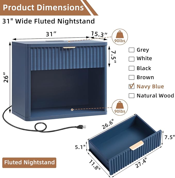 LEYAOYAO 31" Wide Fluted Nightstand with Charging Station, Oversized Extra Large 1 Drawer Night Stand with Golden Handle, Blue Wood Bedside Table Tall End Tables,for Bedroom, Living Room, Hallway