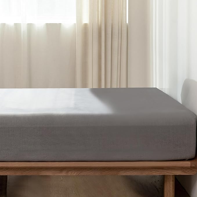 MooMee Fitted Bottom Sheet Only 100% Washed Cotton Linen Like Textured Breathable Durable Soft Comfy Deep Pocket Fits Mattress up to 17" (Ice Grey, King)