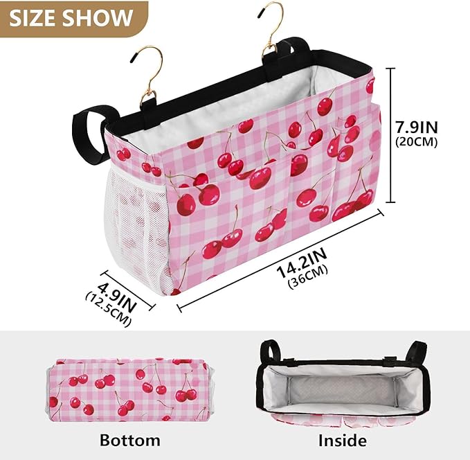 Bedside Caddy Hanging Bunk Bed Caddy Bed Organizer Hanging Pocket with 2 Hooks Bedside Storage Organizer Pocket Bag Holder Pink Juicy Checkered Cherry