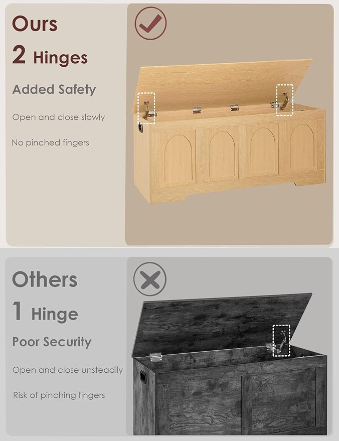 DINZI LVJ Storage Chest, 47.2" Rattan-Like Toy Box with 2 Safety Hinges, Wooden Entryway Storage Bench with Flip-Top, Large Trunk for Living Room, Bedroom, Easy Assembly, Natural