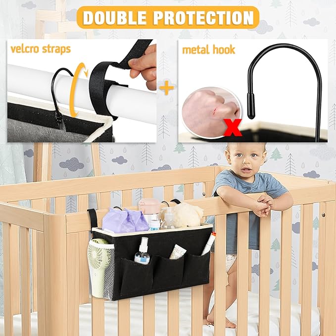 Lilithye Bedside Caddy Bedside Organizer Bedside Storage Caddy with Fixed Straps and Water Bottle Holder for Home College Dorm Bunk Bed Hospital Bed Crib Bed Rails (Black)