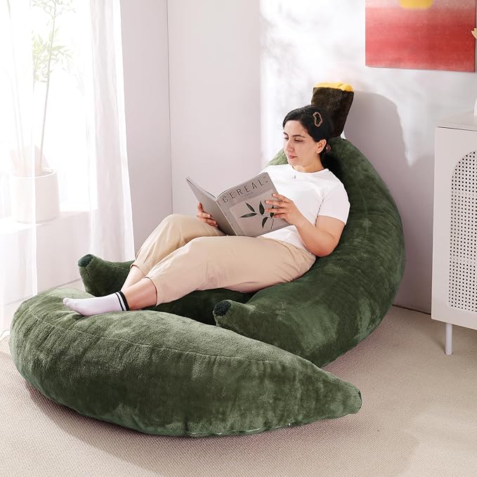 Banana Bean Bag Chair with Ottoman, Floor Sofa Bed with Footrest, Comfy Convertible Lounger for Adults, Plush Couch for Bedroom, Living Room or Dorm, L-DarkGreen