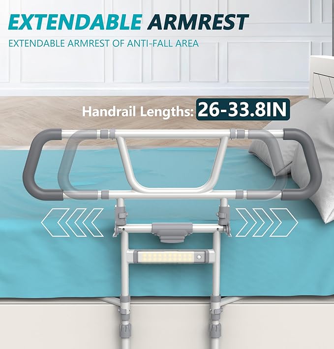 Packve Foldable Bed Rails for Elderly Adults Safety - Bed Side Assist Rail for Seniors with Extendable Guard Rails, Adjustable Height Bedrails for Queen King Full Size Bed