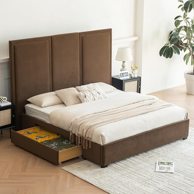 YUHUASHI King Size Bed Frame with 64-inch High Headboard, Simple and Airy Linen Upholstered Platform Bed with Storage Drawers, Wood Slat, No Noise (Brown, King)