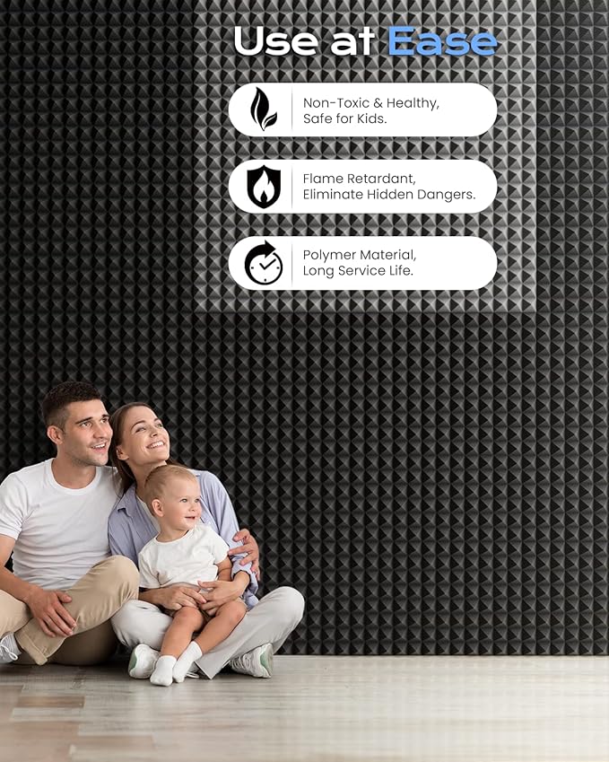 Sonicism Sound Proof Foam Panels for walls Self-Adhesive 18 Pack Pyramid 12" X 12" X 2" Acoustic Panels 35kg/m³High Density,Soundproof Wall Panels Fast Expand,Sound Absorption and Decoration,Black