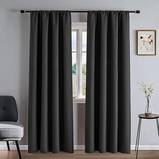 Blackout Curtains 90 Inches Long 2 Panels Set, Dark Grey Curtains Thermal Insulated Room Darkening Drapes for Bedroom, Rod Pocket Light Blocking Drapes Living Room(52W × 90L, Dark Grey)