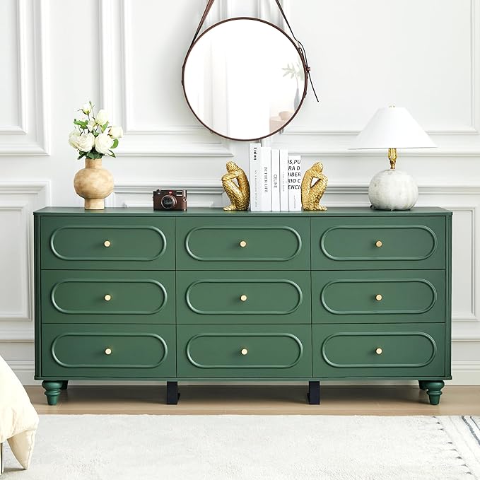9 Drawer Fluted Dresser for Bedroom, Mid Century Modern Chest of Drawers, Wood Storage Small Dresser Organizer for Bedroom Living Room Hallway Closet, Green