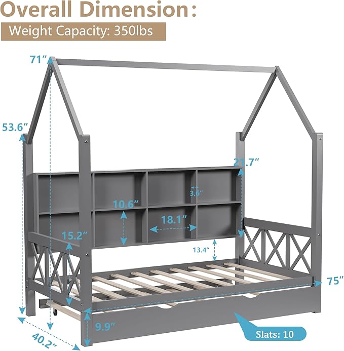 Twin House Bed with Trundle Bed and Roof for Kids, Wooden Twin Size Bed Frame with Storage Shelves Guardrails Wood Slats, Headboard for Boys Girls, No Box Spring Required, Gray