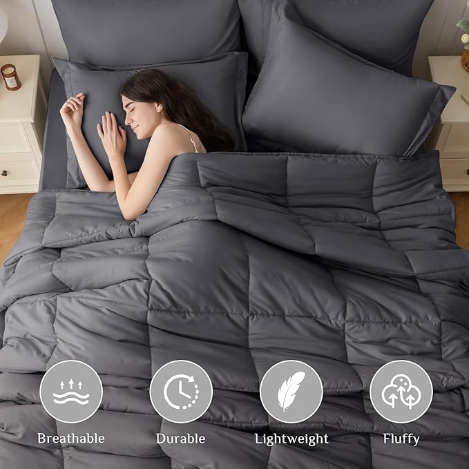 JOLLYVOGUE Oversized Queen Comforter Set, Ultra-Soft Bed in a Bag Oversized Queen Size 7 Pieces, Oeko-TEX Certified Bedding Set with Down Alternative Comforter, Sheets, Pillowcases & Shams, Dark Grey