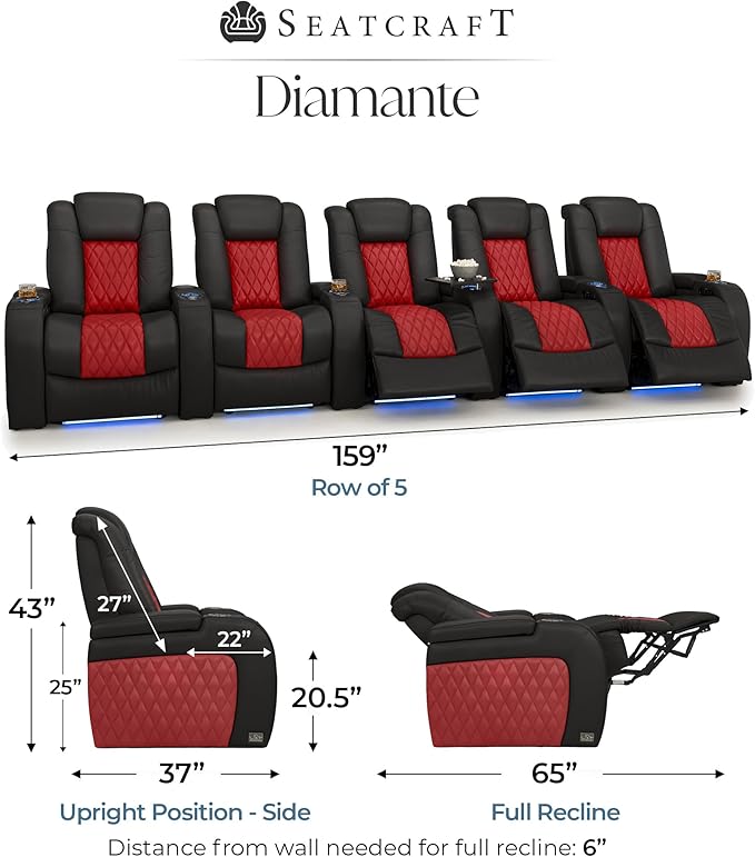 Seatcraft Diamante Zero-Gravity CoolZero Italian Leather Home Theater Seating, Power Headrest, Power Recline, Row of 5, Black/Red