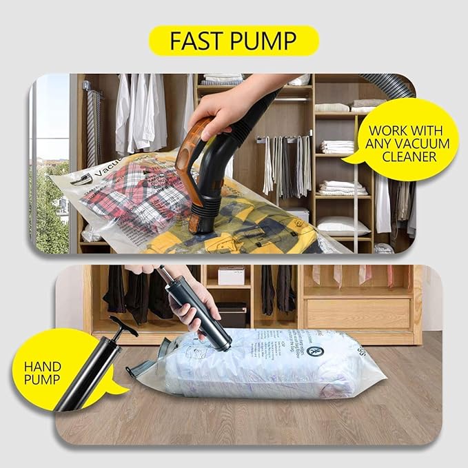 12 Pack Vacuum Storage Bags (3 Jumbo, 3 Large, 3 Medium, 3 Small),Plastic Packaging Bags,Space Saver Sealer Compression Bags with Travel Hand Pump for Blankets, Comforters, Pillows, Clothes Storage