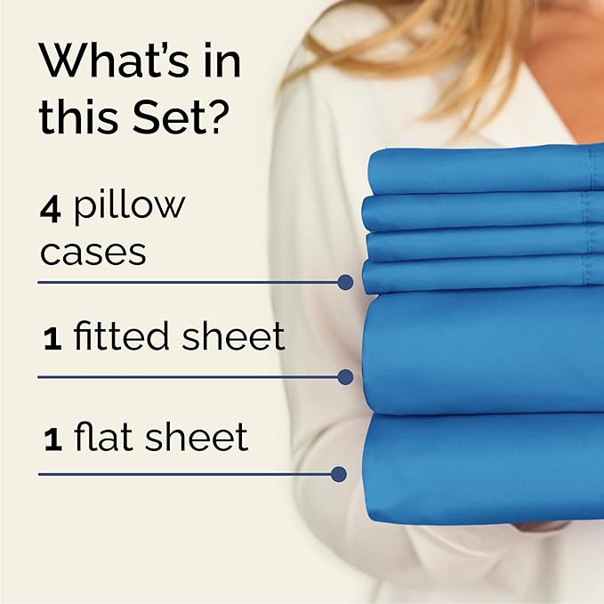 Cal King 6 Piece Sheet Set - Cooling & Breathable - Hotel Luxury Bedding, Includes Fitted Sheet for Women, Men, Kids and Teens - 1 Flat, 1 Fitted Sheet, 4 Pillowcases with Deep Pockets - Denim Blue