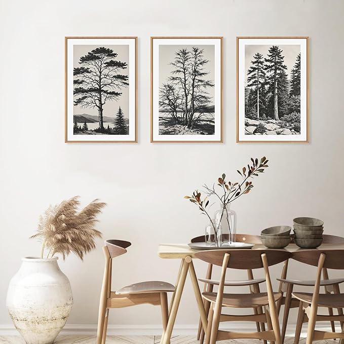 LHIUEM Large Vintage Sketch Tree Framed Wall Art Set,Antique Black and White Wall Decor,Nature Botanical Lake Artwork,Modern Wilderness Forest Art Prints for Living Room,Bedroom- 16"x24"x3